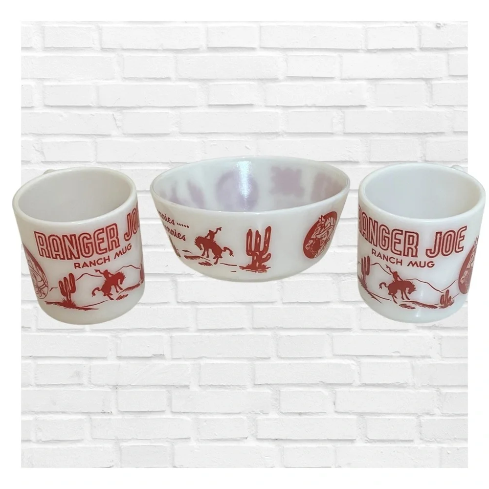 Vintage Ranger Joe Round Up Bowl and Mug Set Hazel Atlas Milk Glass 1950's Rare